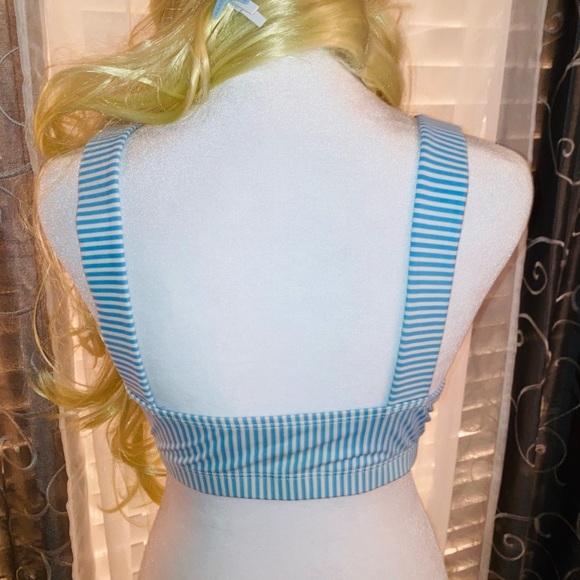 Bikini TOP WITH SUSPENDERS & POCKET!! Tiffany Blue Striped Silver hardware Lg - Picture 11 of 13